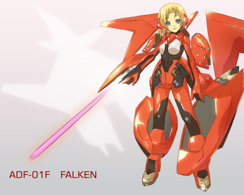 1girl, ace_combat, adf-01_falken, airplane, arm_cannon, blonde_hair, blue_eyes, bodysuit