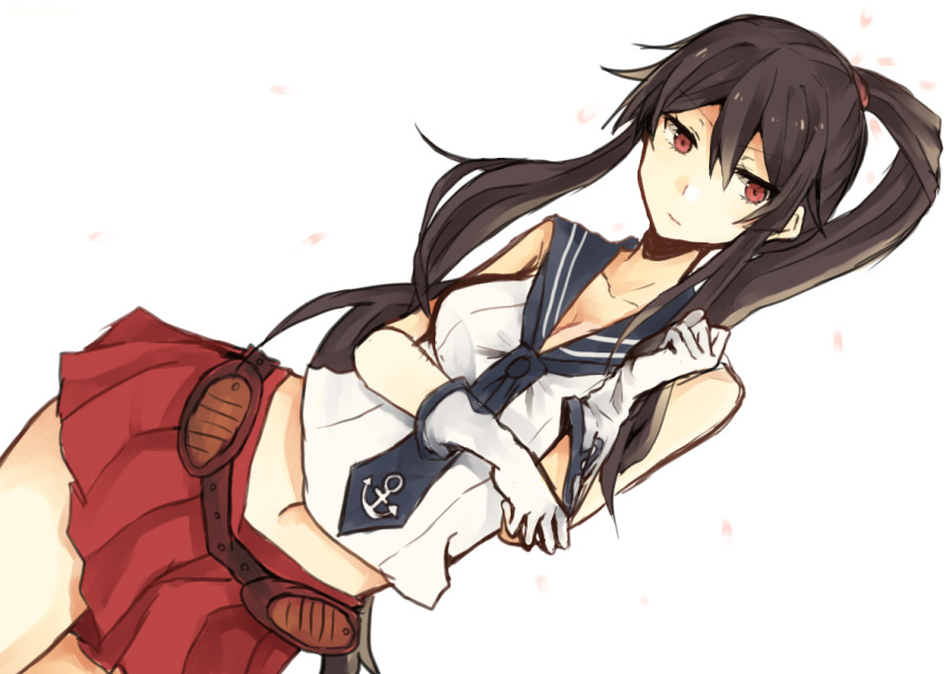 1girl, bare_shoulders, black_hair, chibirisu, gloves, kantai_collection, looking_at_viewer, navel
