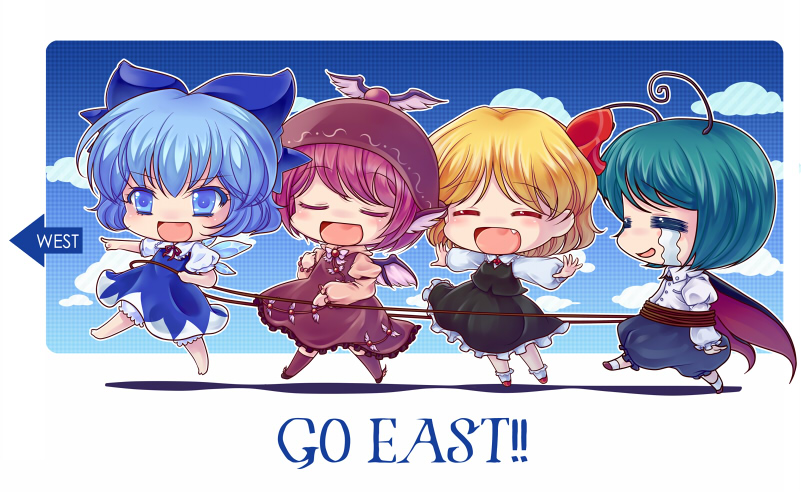 animal_ears, antennae, blonde_hair, blue_eyes, blue_hair, bow, cape, chibi