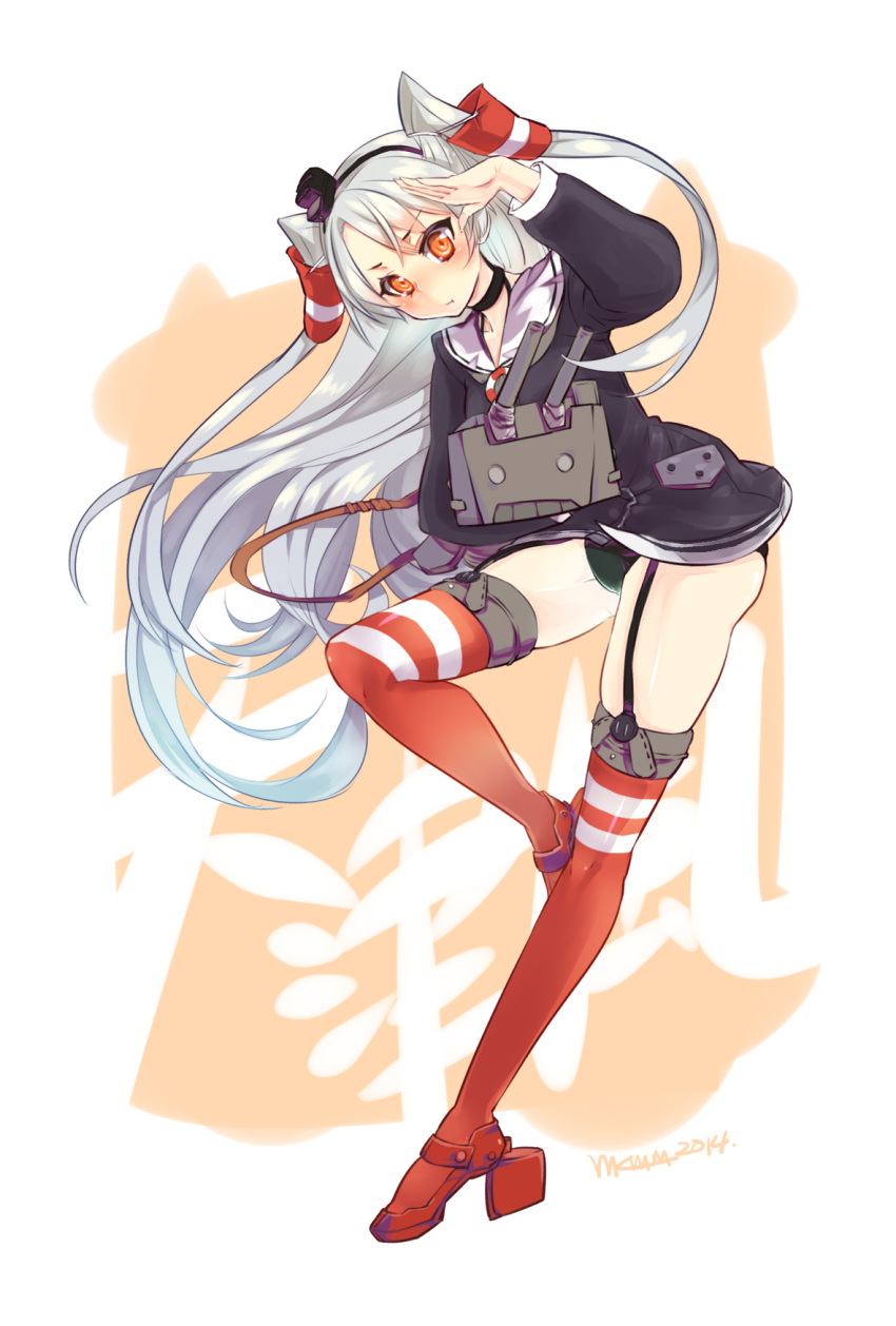 1girl, 33_(chuanxcc), amatsukaze_(kantai_collection), black_panties, garter_straps, grey_hair, highres, kantai_collection