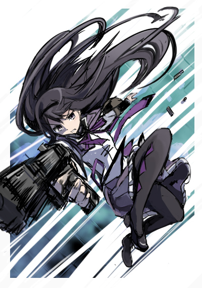 1girl, akemi_homura, black_hair, capelet, grey_eyes, gun, hairband, long_hair