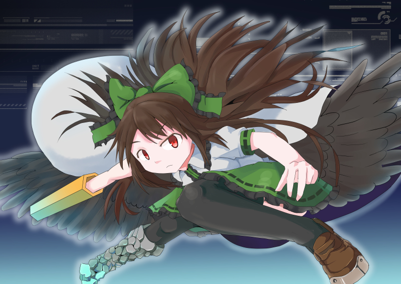 1girl, arm_cannon, black_legwear, bow, brown_hair, cape, hair_bow, kudokuten