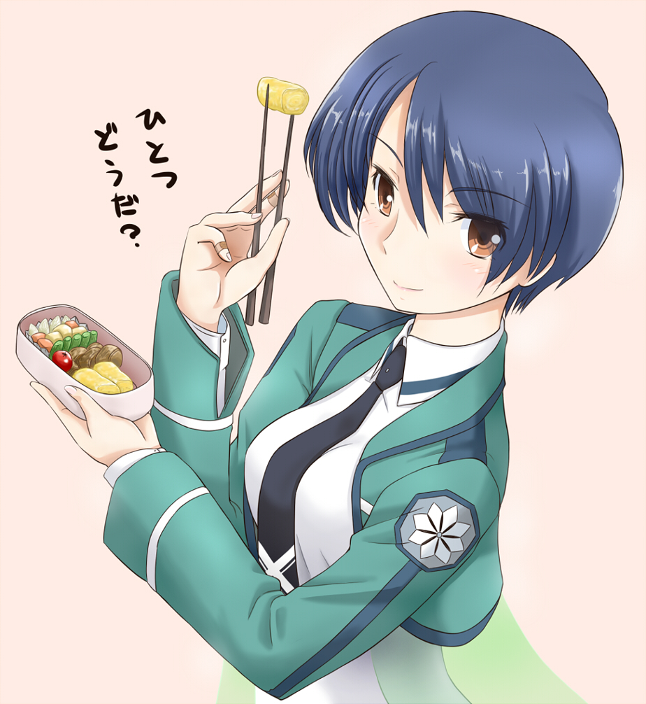 1girl, bandaid, blue_hair, blush, brown_eyes, chopsticks, dress, jack_(slaintheva)