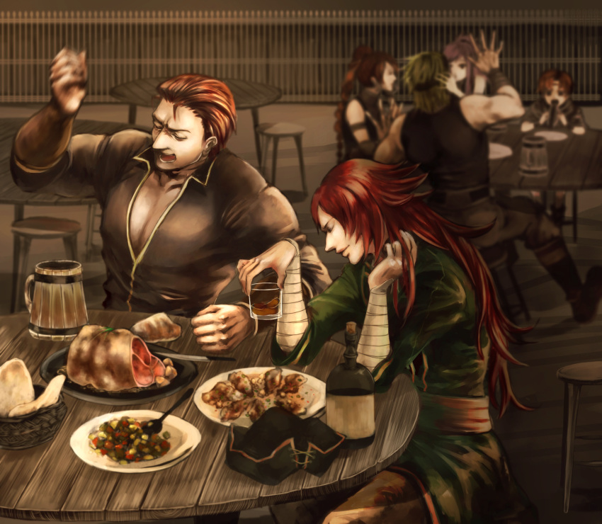 2girls, 4boys, alcohol, bandages, blonde_hair, bottle, braid, bread