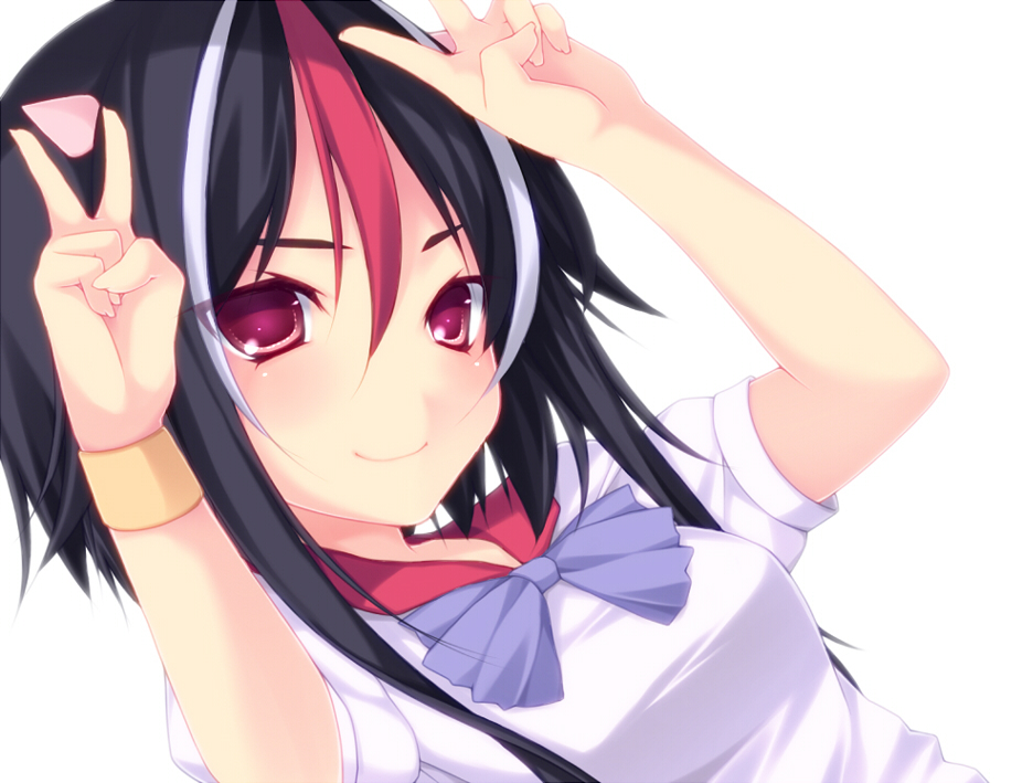1girl, bangle, black_hair, bow, bracelet, double_v, horns, jewelry