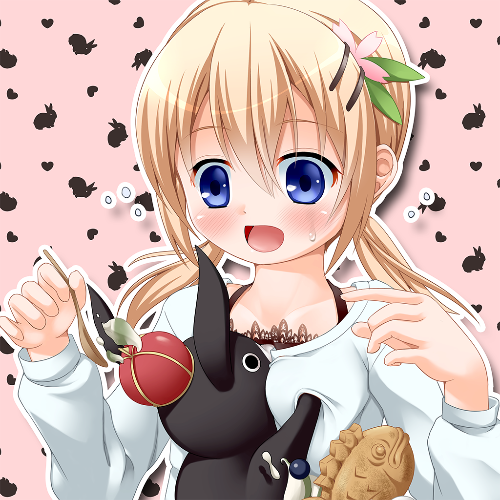 1girl, animal, blonde_hair, blue_eyes, food, gochuumon_wa_usagi_desuka?, kanna_hisashi, solo