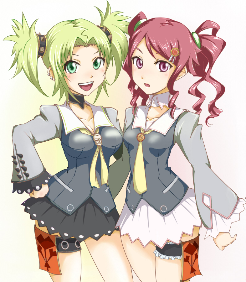 bad_id, droite, earrings, gauche, gohandesu_yo, green_hair, jewelry, multiple_girls