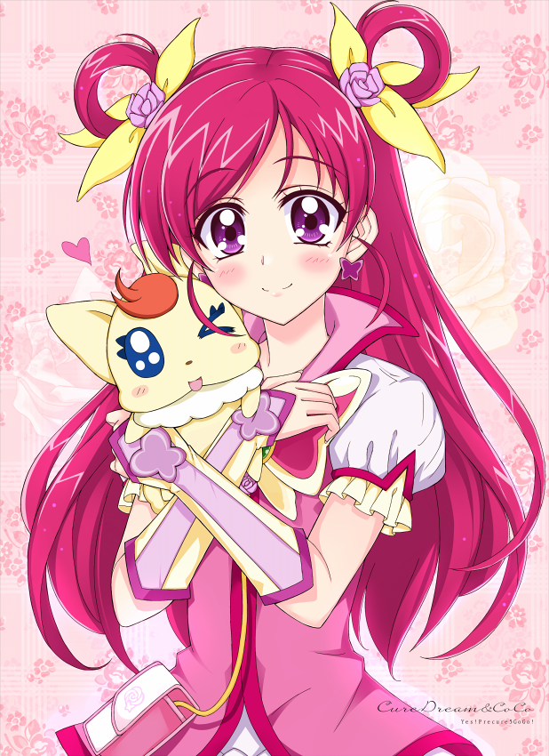1girl, blush, character_name, coco_(precure_5), copyright_name, creature, cure_dream, earrings, fingerless_gloves, floral_background, flower, gloves, hair_flower, hair_ornament, hair_ribbon, hair_rings, jewel_(the_black_canvas), jewelry, long_hair, magical_girl, pink_background, pink_hair, pink_rose, precure, ribbon, rose, smile, violet_eyes, yes!_precure_5, yes!_precure_5_gogo!, yumehara_nozomi