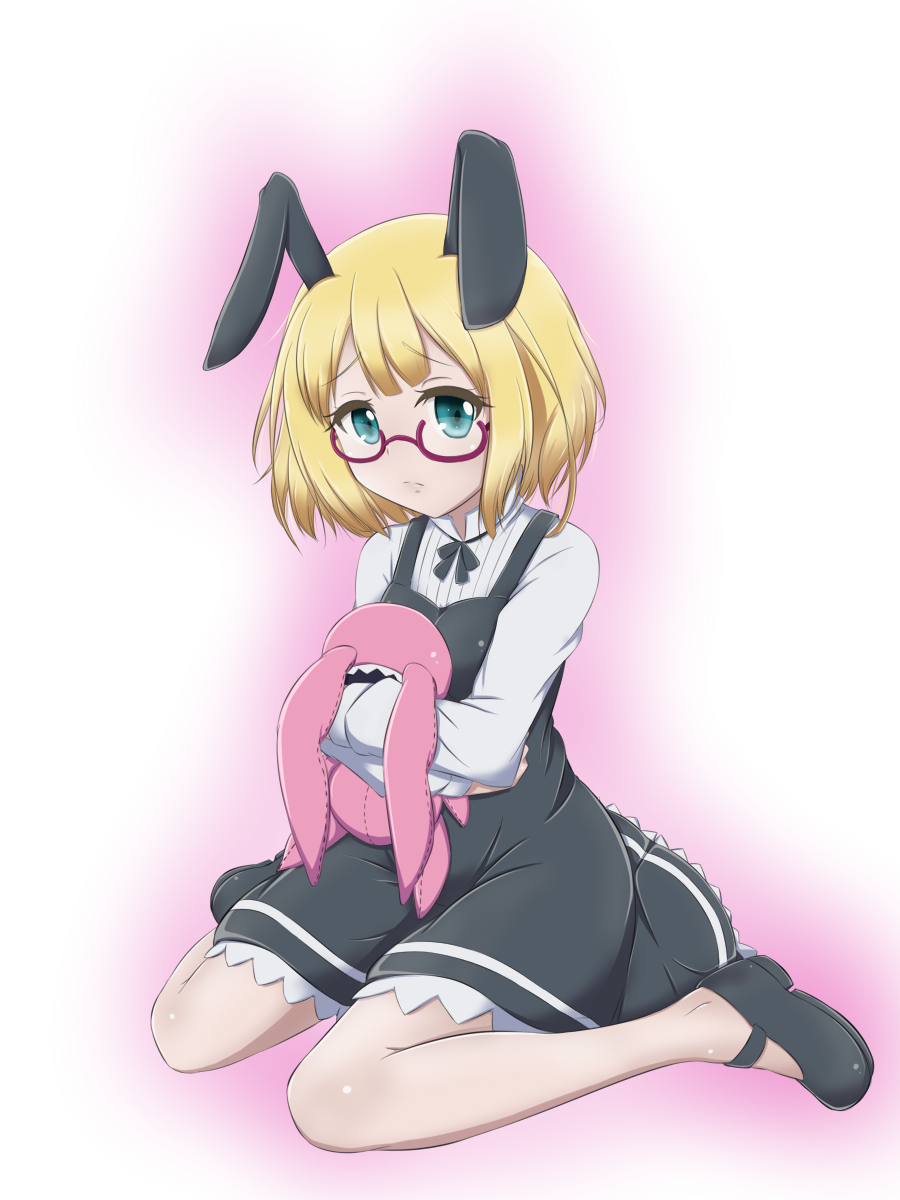 1girl, animal_ears, blonde_hair, bo11nn, dress, galaktika, glasses, green_eyes