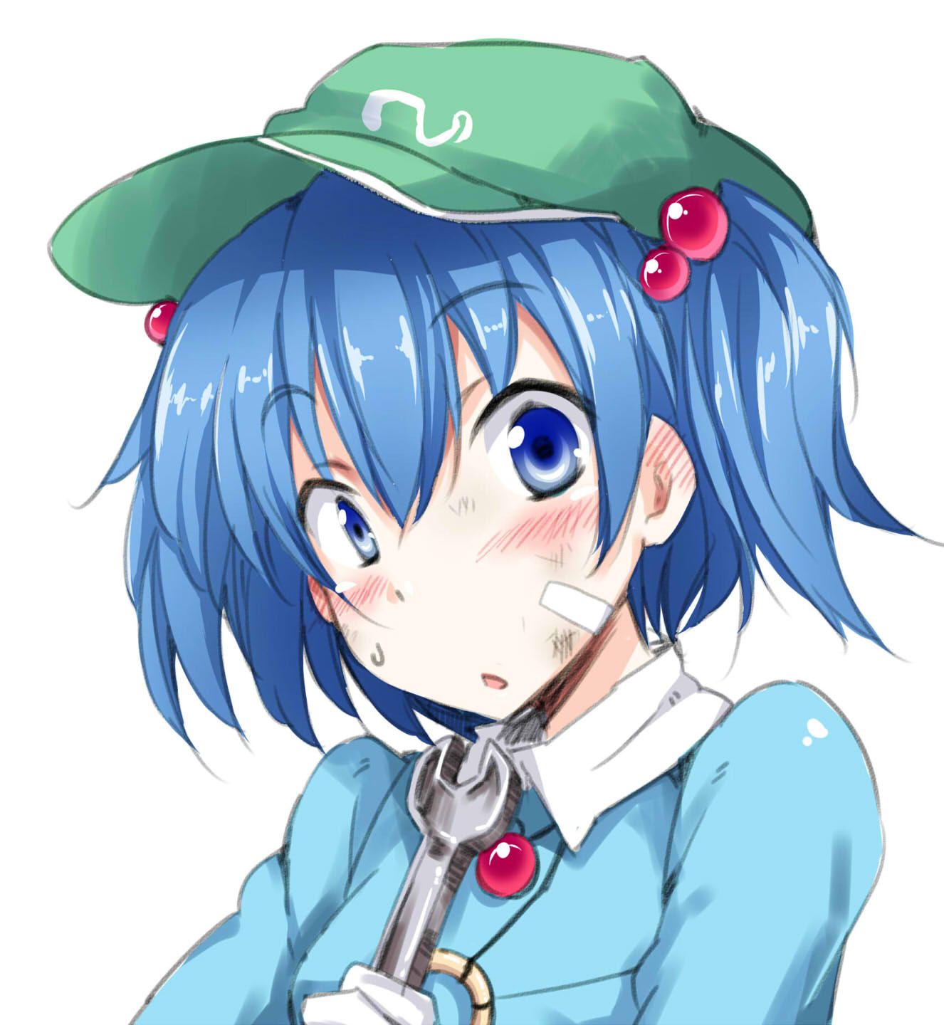 1girl, bandaid, blue_eyes, blue_hair, blush, chata_maru_(irori_sabou), hair_bobbles, hair_ornament