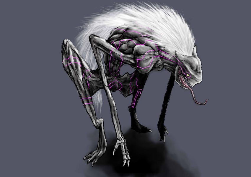 absurdres, all_fours, claws, glowing, glowing_eyes, highres, long_hair, long_tongue