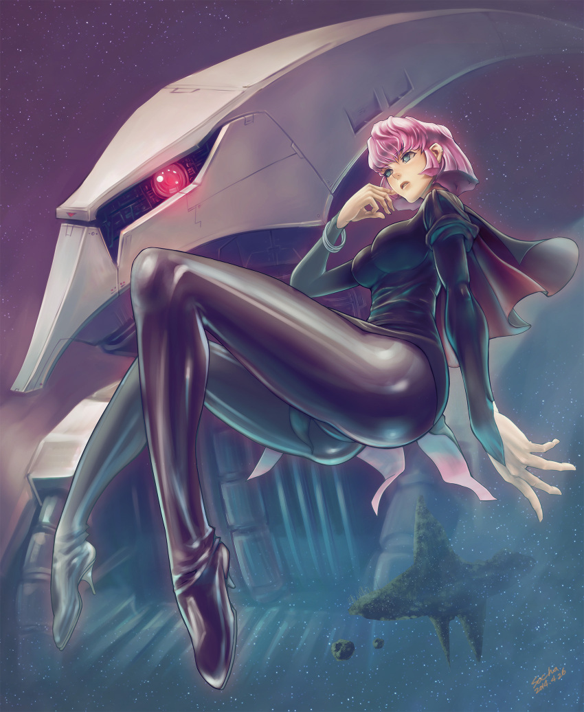 1girl, blue_eyes, breasts, gundam, haman_karn, high_heels, highres, long_legs