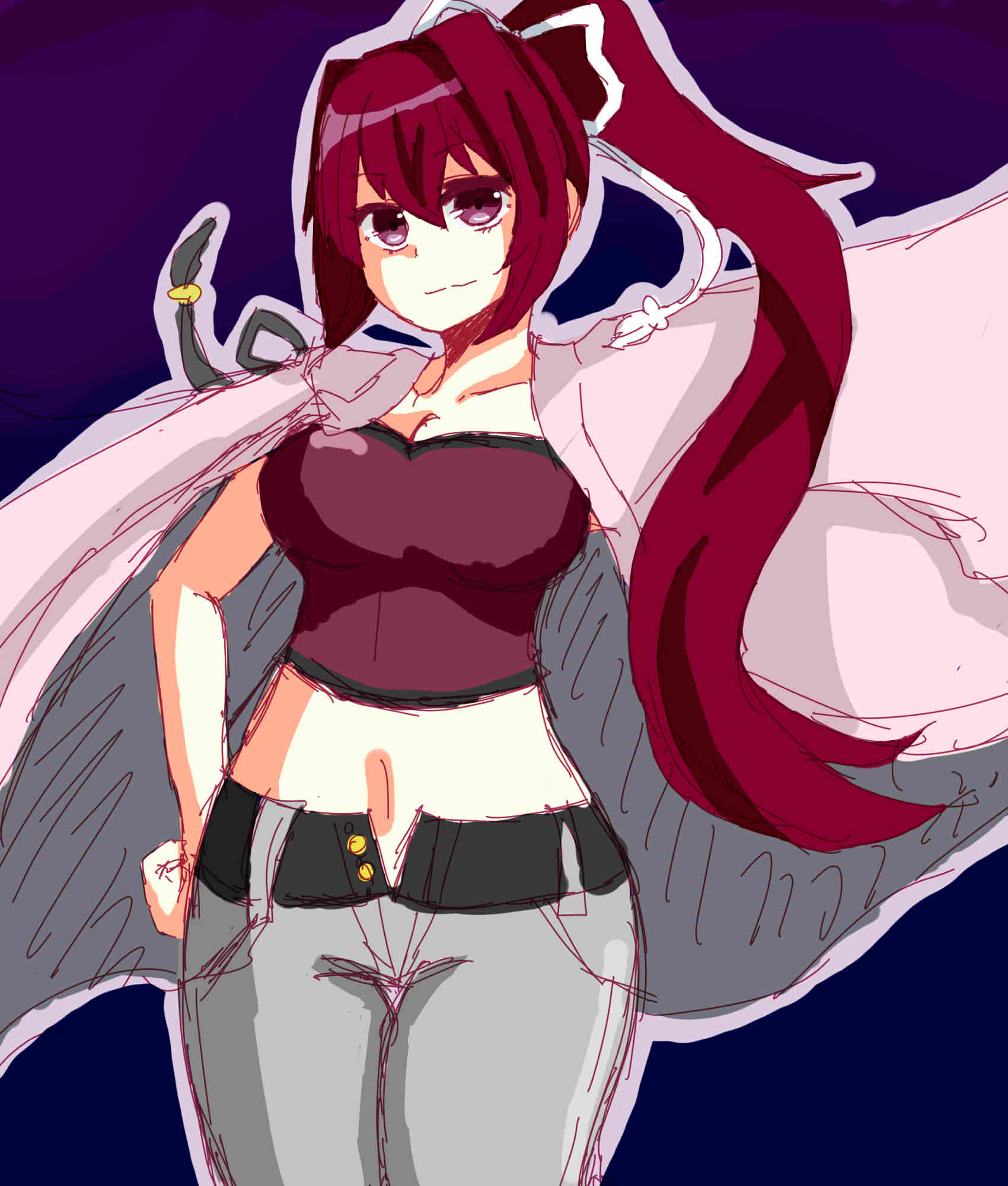 1girl, breasts, bustier, cleavage, hachisu_susumu_shion, hair_intakes, hair_ribbon, hand_on_hip, highres, jacket_on_shoulders, large_breasts, long_hair, midriff, navel, open_fly, ponytail, redhead, ribbon, smile, solo, under_night_in-birth, unzipped, violet_eyes, yuzuriha_(under_night_in-birth)