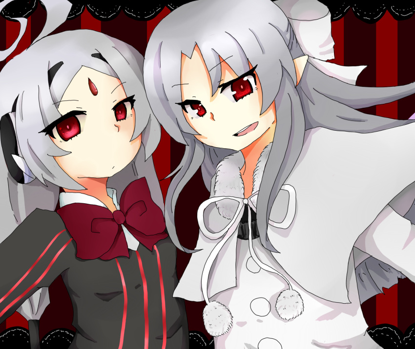 2girls, bow, capelet, company_connection, flat_chest, forehead_jewel, hachisu_susumu_shion, hair_bow, hairband, highres, long_hair, melty_blood, multiple_girls, pointy_ears, raised_eyebrow, red_eyes, robot_ears, silver_hair, tsukihime, twintails, under_night_in-birth, vatista, vertical_stripes, white_len