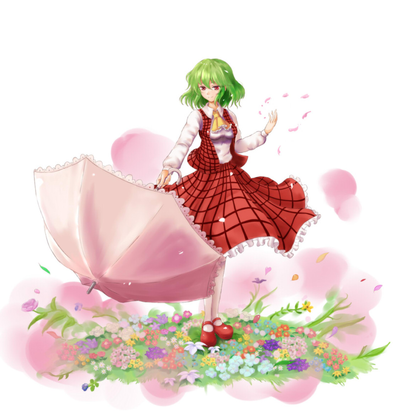1girl, ascot, breasts, flower, green_hair, holding, holding_umbrella, kazami_yuuka