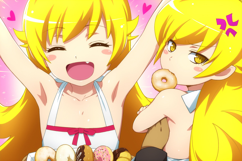arms_up, bakemonogatari, blonde_hair, blush_stickers, doughnut, dual_persona, fang, food, hairu, happy, heart, irritated, long_hair, monogatari_(series), mouth_hold, nisemonogatari, open_mouth, oshino_shinobu, shiny, shiny_skin, yellow_eyes