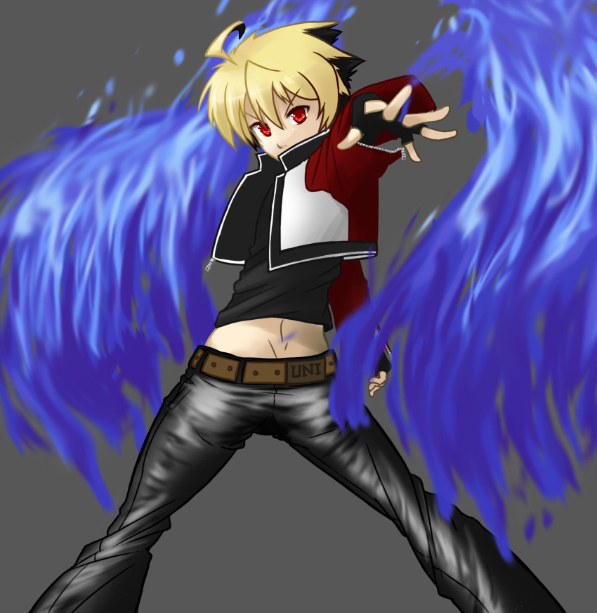 1boy, belt, black_hair, blonde_hair, blue_fire, cosplay, cropped_jacket, denim