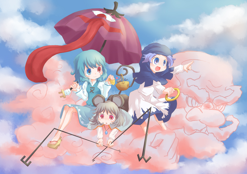 basket, blue_eyes, blue_hair, bracelet, cloud, clouds, dowsing_rod, futaki_nia, geta, grey_hair, heterochromia, hood, jewelry, karakasa, karakasa_obake, kumoi_ichirin, mouse, mouse_ears, mouse_tail, nazrin, pendant, pointing, red_eyes, ring, sandals, short_hair, tail, tales2mire, tatara_kogasa, tongue, touhou, umbrella, unzan