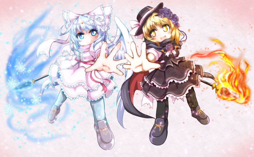 2girls, absurdres, adapted_costume, black_dress, black_hat, black_legwear, black_rose, black_shoes