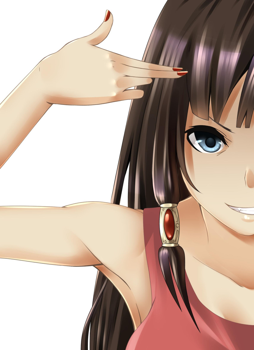 1girl, akije-hirodi, arms_up, ayane_kitahara, bang, bare_shoulders, blue_eyes, brown_hair