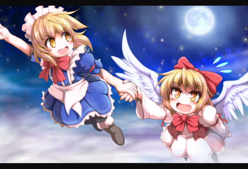 2girls, blonde_hair, boots, bow, clouds, fang, female, flying