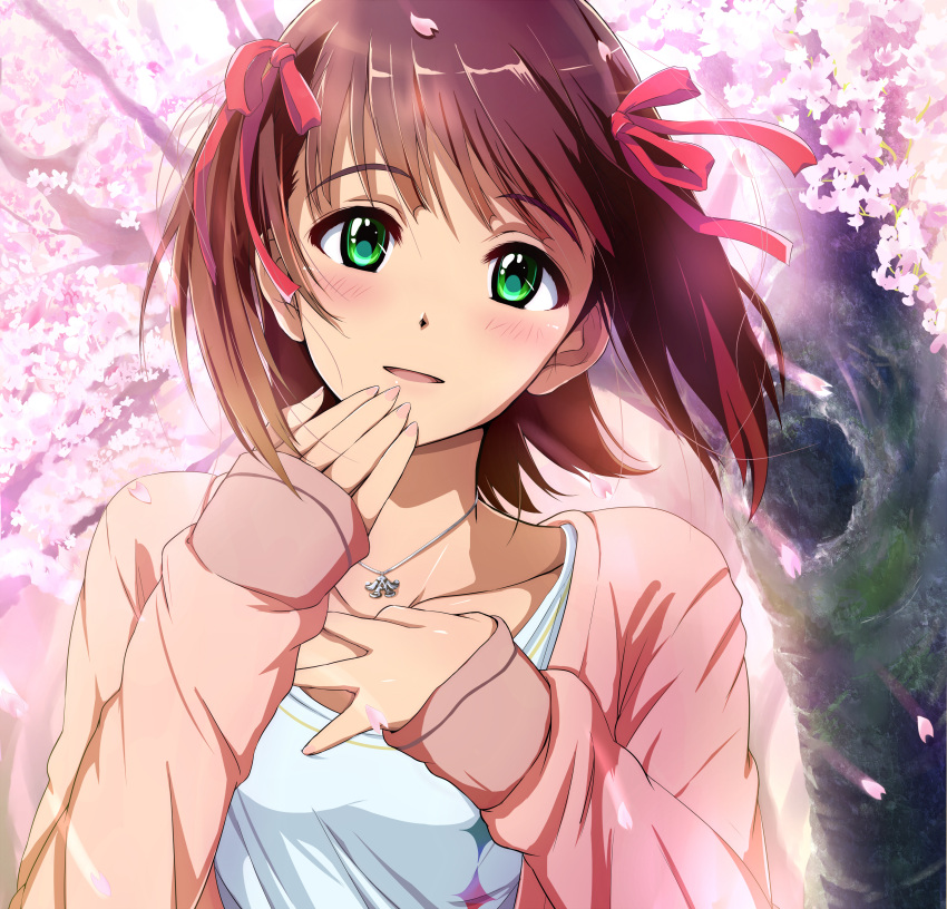 1girl, absurdres, amami_haruka, blush, bow, brown_hair, cherry_blossoms, green_eyes