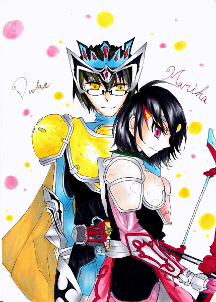 1boy, 1girl, armor, artist_request, bow_(weapon), cape, female, kamen_rider