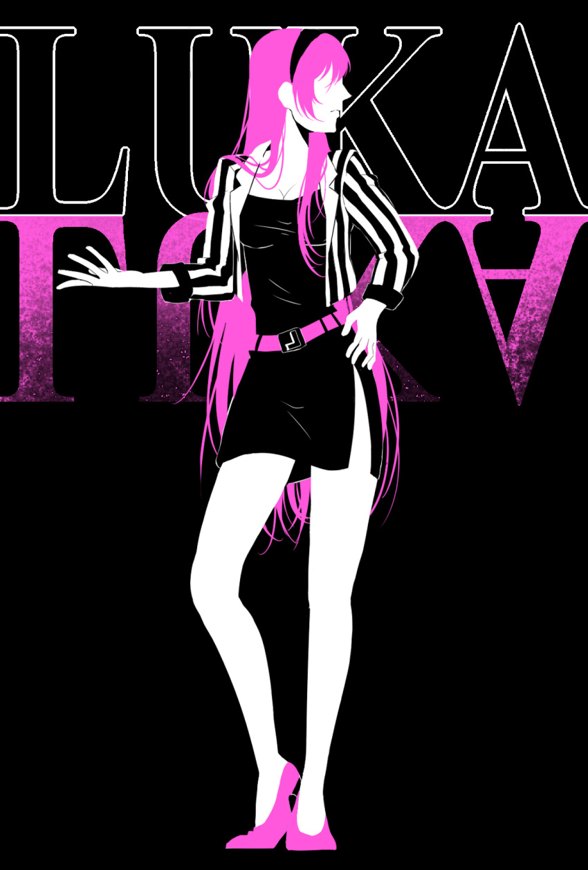 1girl, black_background, black_dress, character_name, dress, headband, high_heels, konomi_(pixiv3909433)