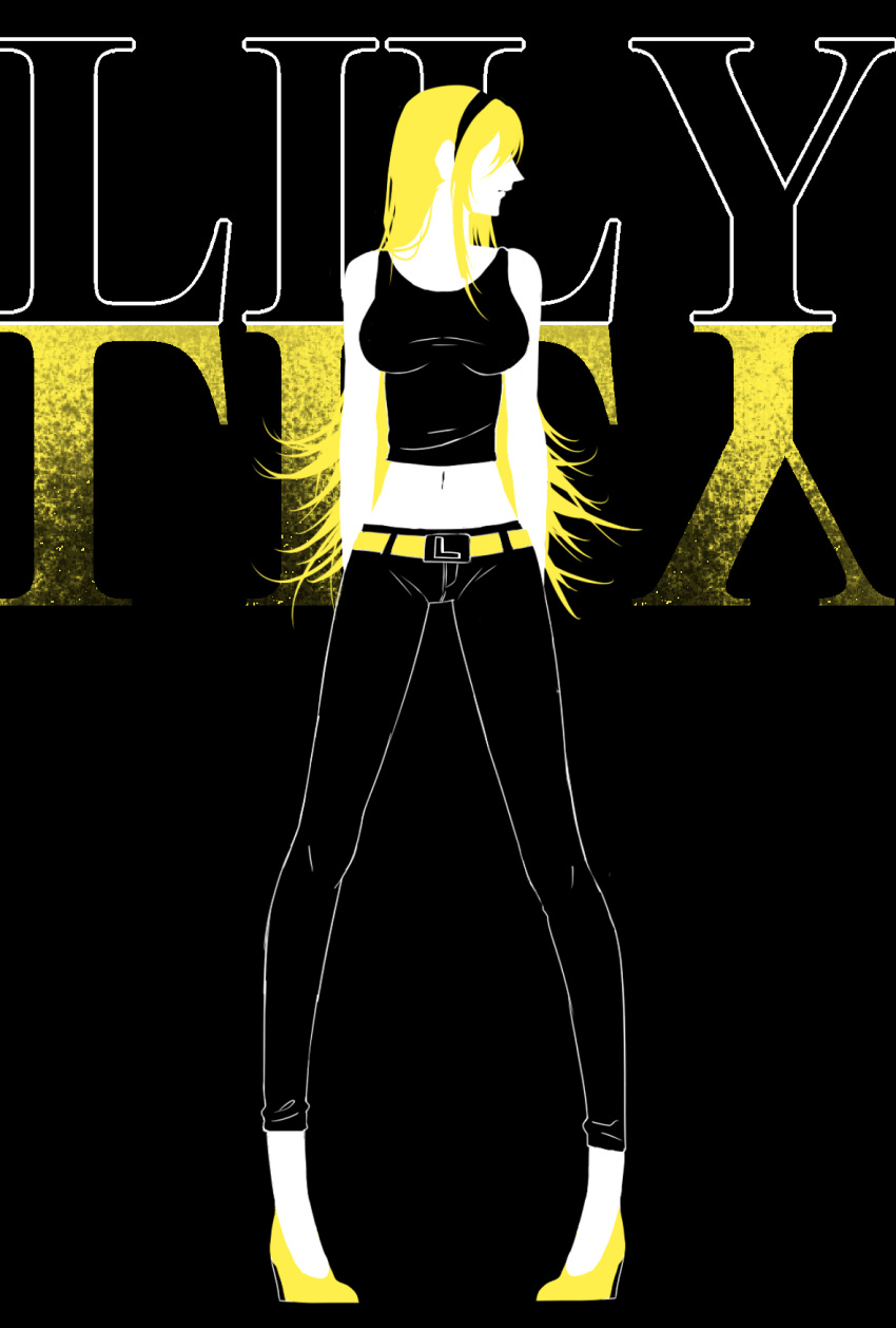 1girl, black_background, blonde_hair, character_name, headband, high_heels, konomi_(pixiv3909433), lily_(vocaloid), long_hair, midriff, navel, pants, solo, vocaloid