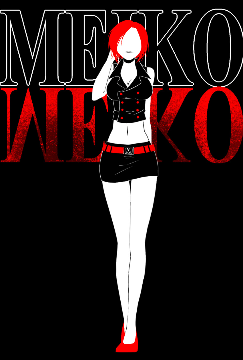 1girl, belt, black_background, character_name, konomi_(pixiv3909433), meiko, midriff, miniskirt, navel, redhead, short_hair, skirt, solo, vocaloid
