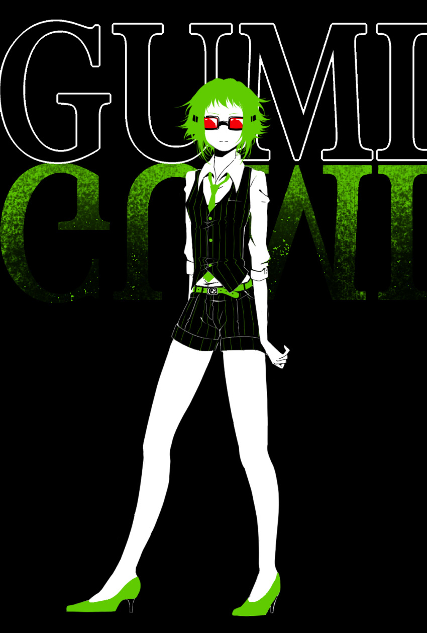 1girl, belt, black_background, character_name, glasses, green_hair, gumi, high_heels, konomi_(pixiv3909433), necktie, pinstripes, short_hair, shorts, solo, vest, vocaloid
