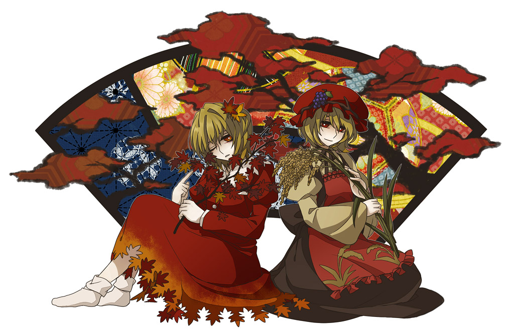 aki_minoriko, aki_shizuha, blonde_hair, hat, leaf, leaves, multiple_girls, red_eyes