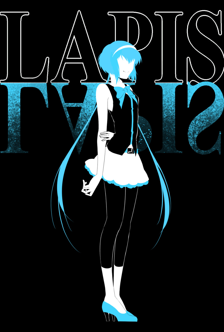 1girl, aoki_lapis, belt, black_legwear, blue_hair, character_name, headband, high_heels