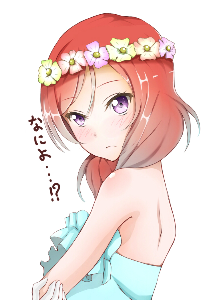 1girl, bare_back, blush, flower, frown, hair_flower, headdress, love_live!_school_idol_project, marika, nishikino_maki, redhead, short_hair, solo, violet_eyes, white_background