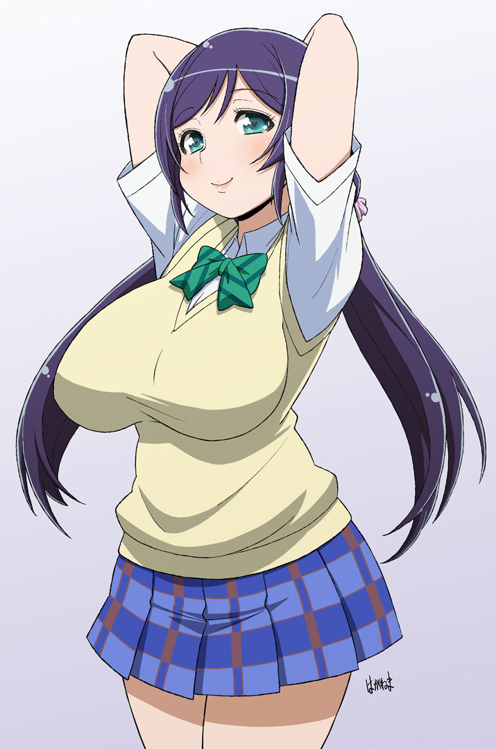 1girl, arms_behind_head, blue_skirt, blush, breasts, green_eyes, haganemaru_kennosuke, heart