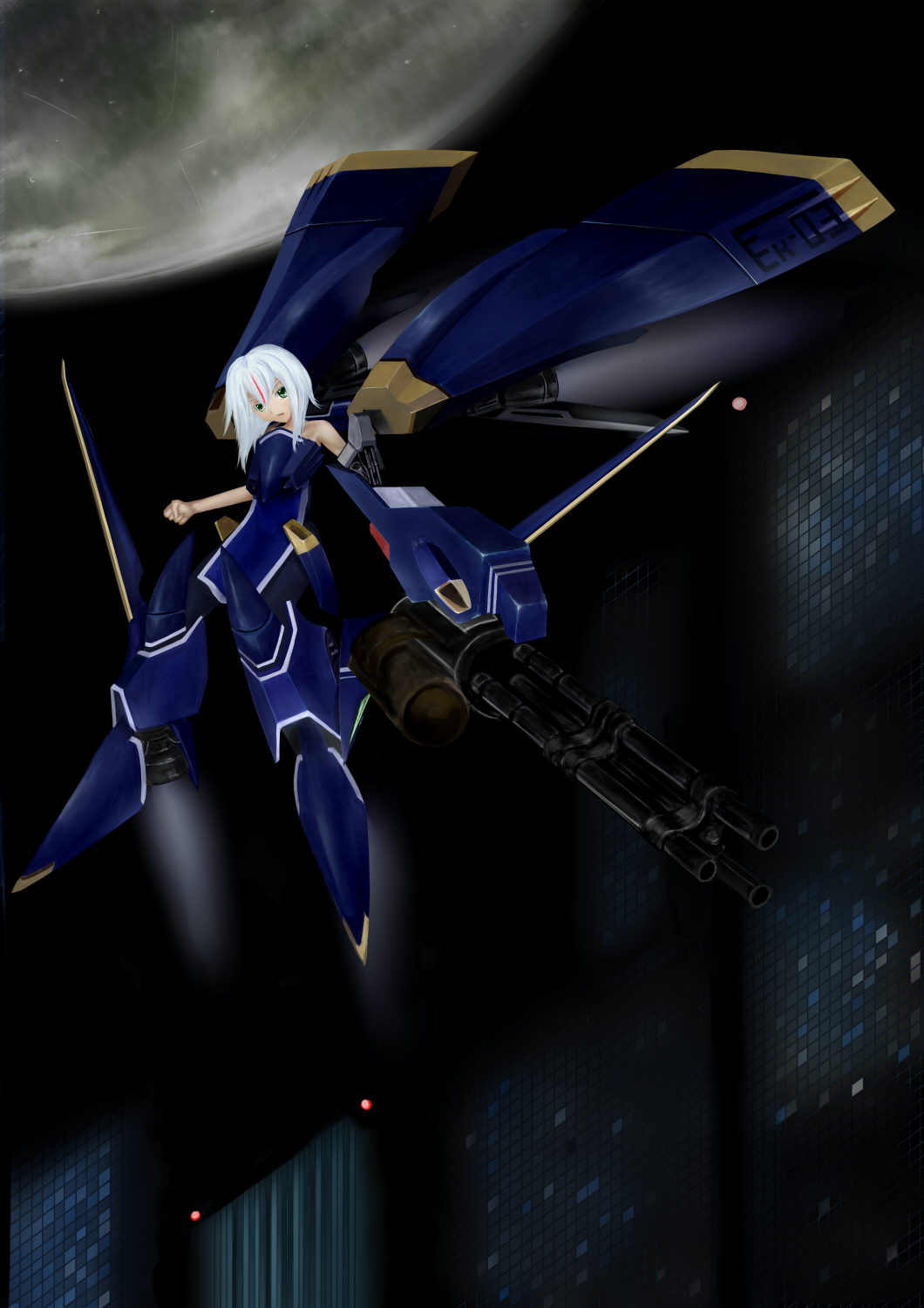 1girl, asymmetrical_limbs, building, einhander, flying, gatling_gun, green_eyes, gun
