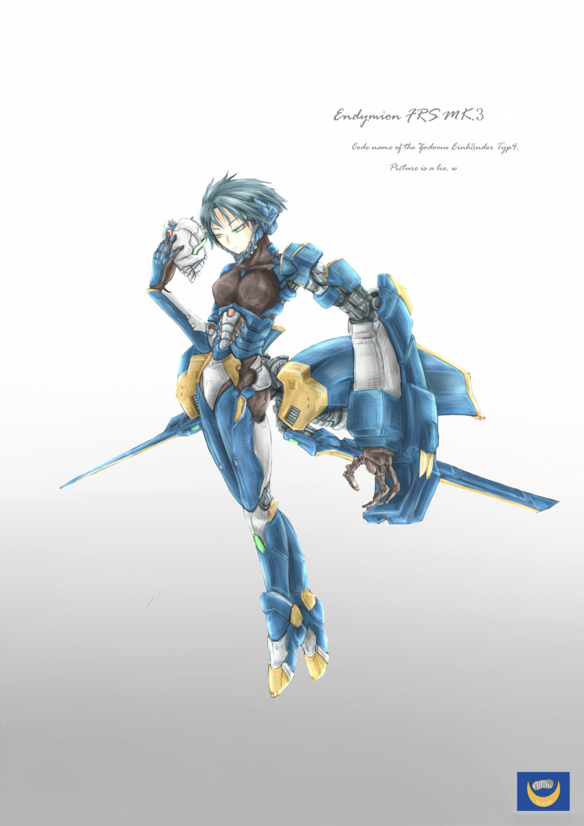 1girl, asymmetrical_limbs, blue_eyes, blue_hair, cyborg, einhander, highres, kinzou_(drmario113)