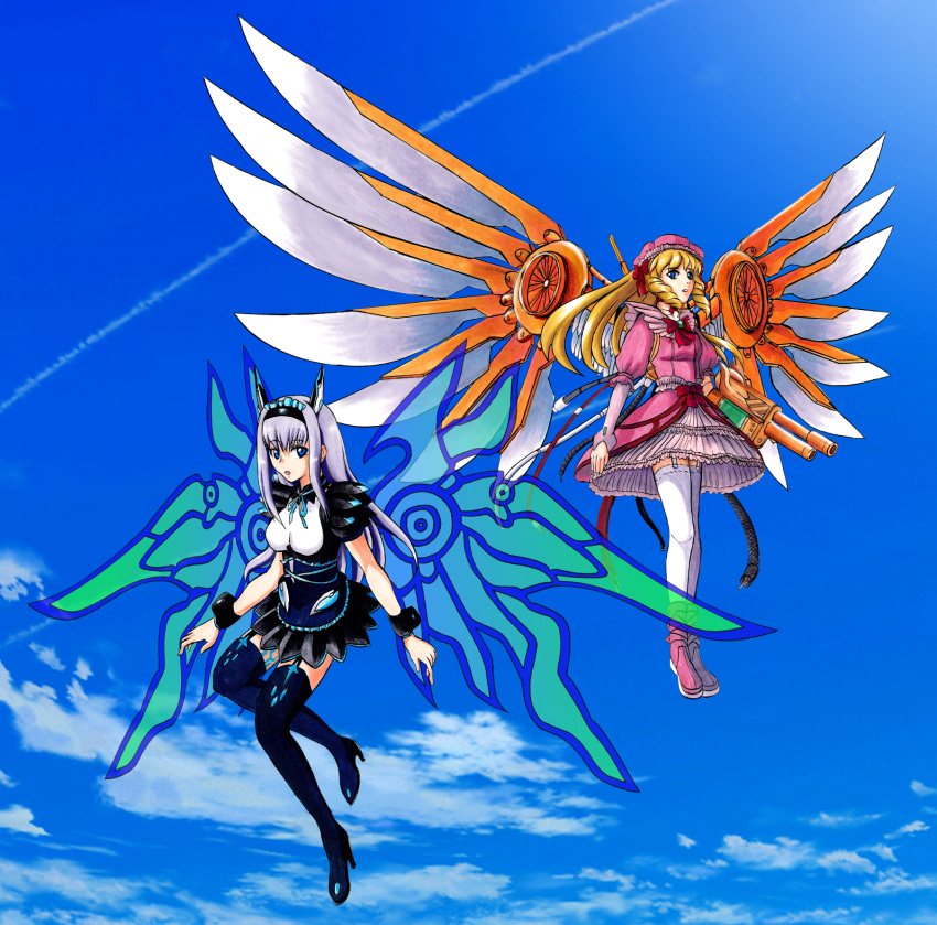 2girls, arm_cannon, black_legwear, blonde_hair, blue_eyes, boots, cave_(developer), dodonpachi