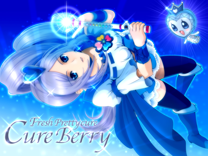aono_miki, berry_sword, blue_background, blue_eyes, burun, character_name, cure_berry, fresh_precure!, fresh_pretty_cure!, futari_wa_pretty_cure, long_hair, magical_girl, precure, purple_hair, sekken_kasu_barrier, solo, thigh-highs, thighhighs, title_drop, wand