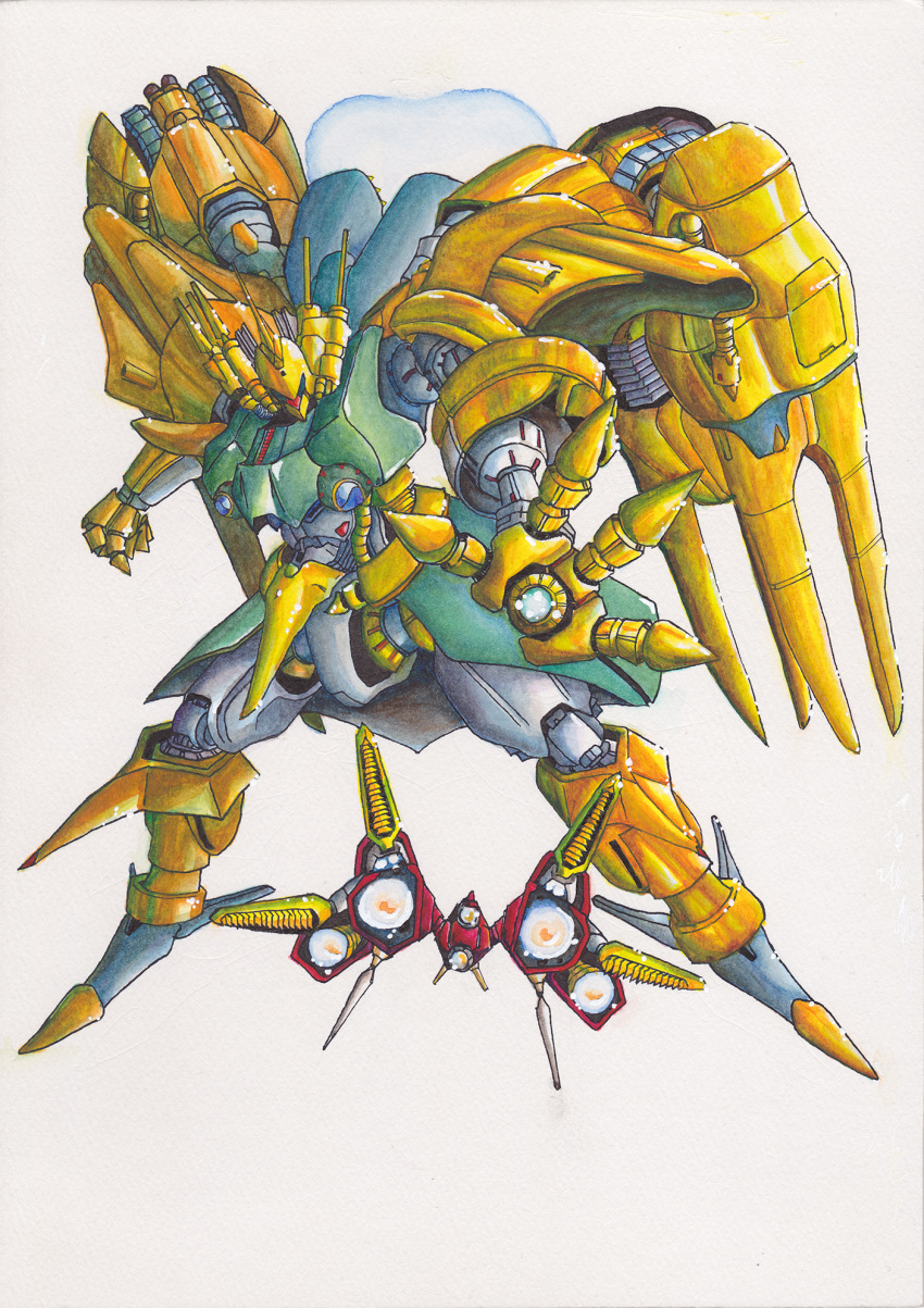 from_behind, highres, kyoso_59, mecha, nib_pen_(medium), no_humans, rayforce, traditional_media, watercolor_(medium)