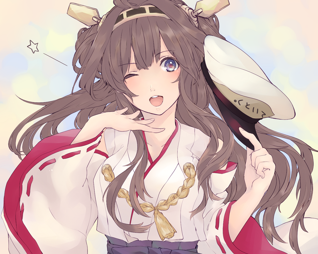 1girl, ahoge, bare_shoulders, brown_hair, detached_sleeves, hairband, hat, hat_removed