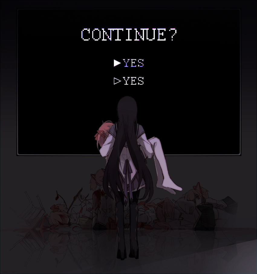 akemi_homura, black_hair, continue, death, facing_away, hanyae, kaname_madoka, long_hair