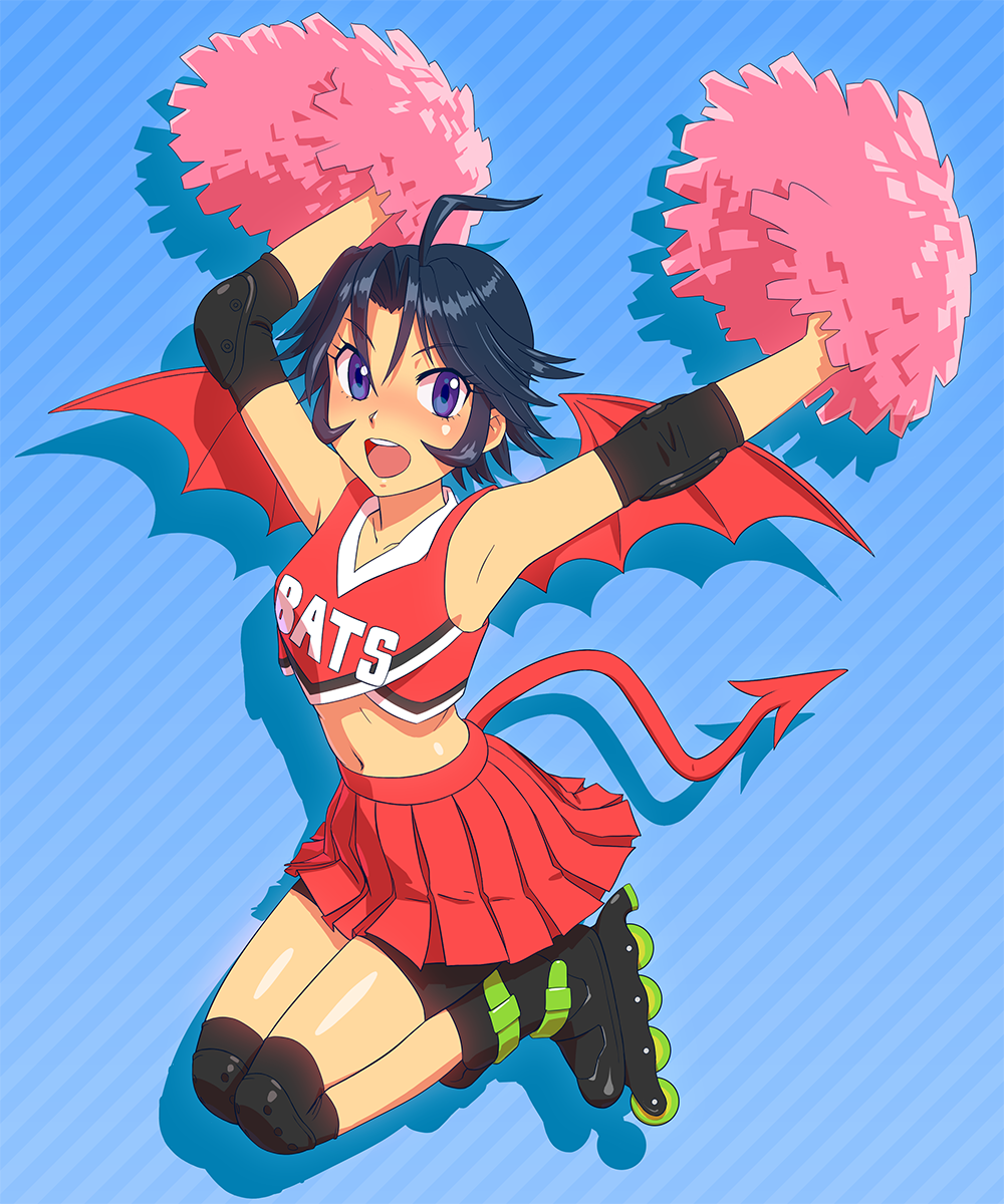 1girl, bat_wings, bike_shorts, black_hair, cheerleader, demon_tail, elbow_pads, eyeshield_21