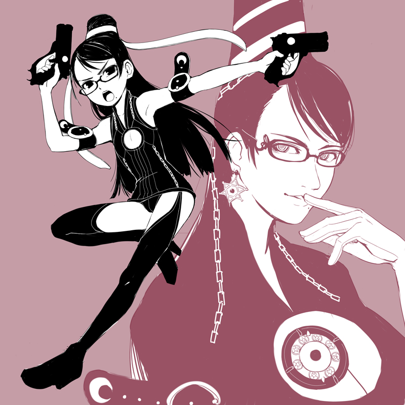 bayonetta, bayonetta_(character), black_hair, cereza, chains, earrings, glasses, gun