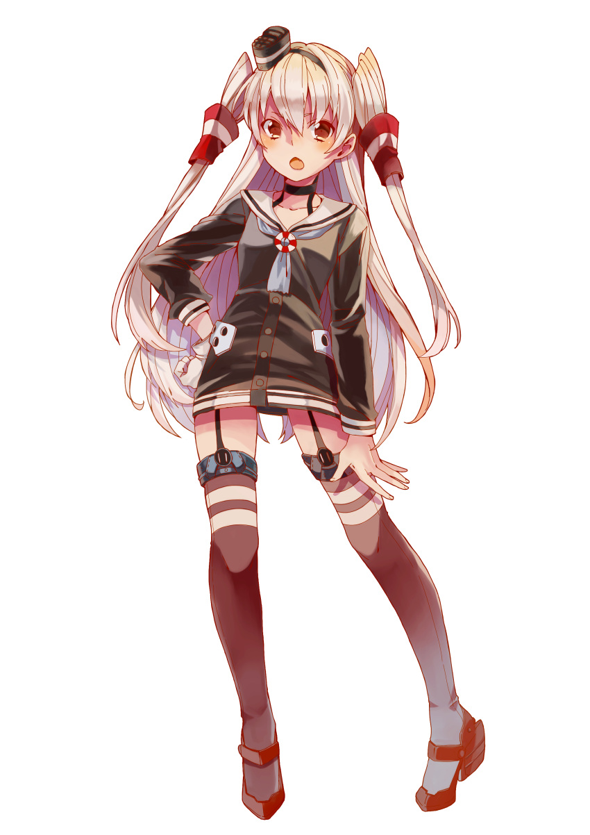 1girl, absurdres, amatsukaze_(kantai_collection), blush, brown_eyes, fang, garter_straps, gloves