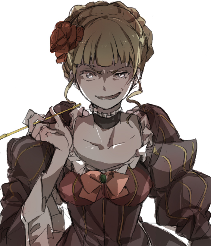 blonde_hair, choker, dress, flower, gurunyanya, kiseru, pipe, ribbon