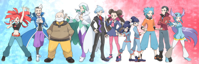 4girls, 6+boys, adan_(pokemon), aqua_hair, ascot, asuna_(pokemon), beard, black_hair