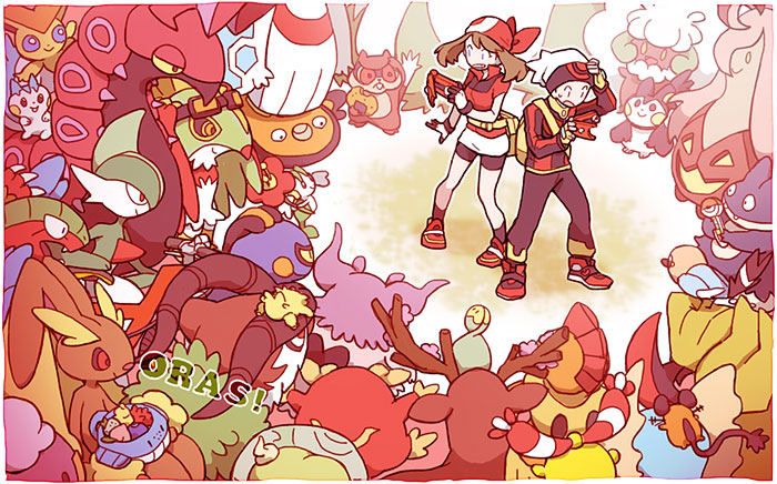 1boy, 1girl, abomasnow, amaura, archeops, aromatisse, bandana, berries
