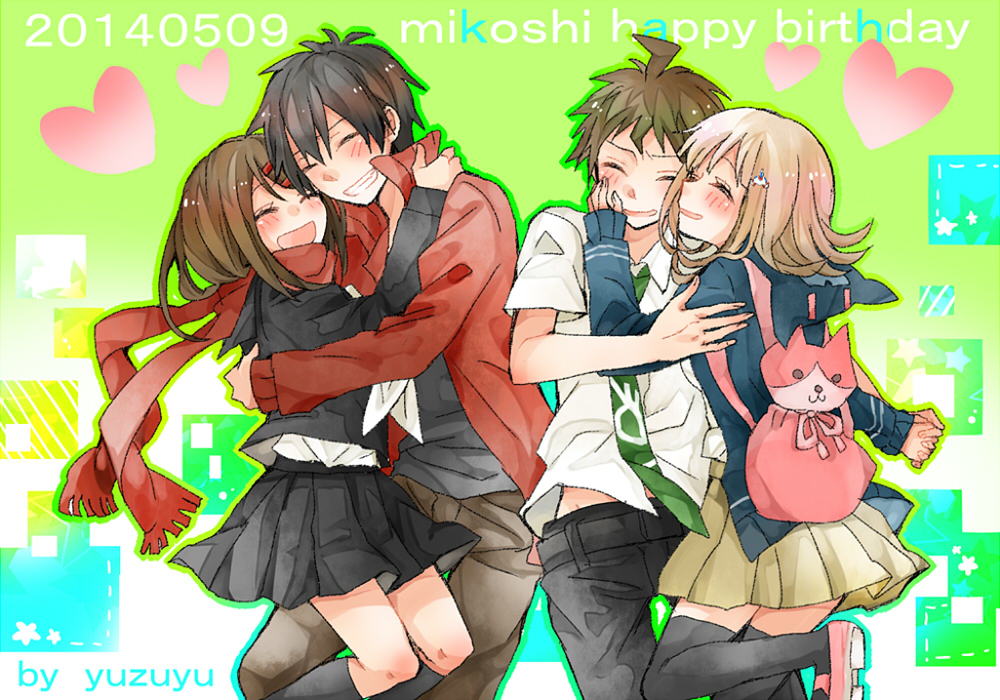 2boys, 2girls, black_hair, brown_hair, closed_eyes, dangan_ronpa, grin, happy