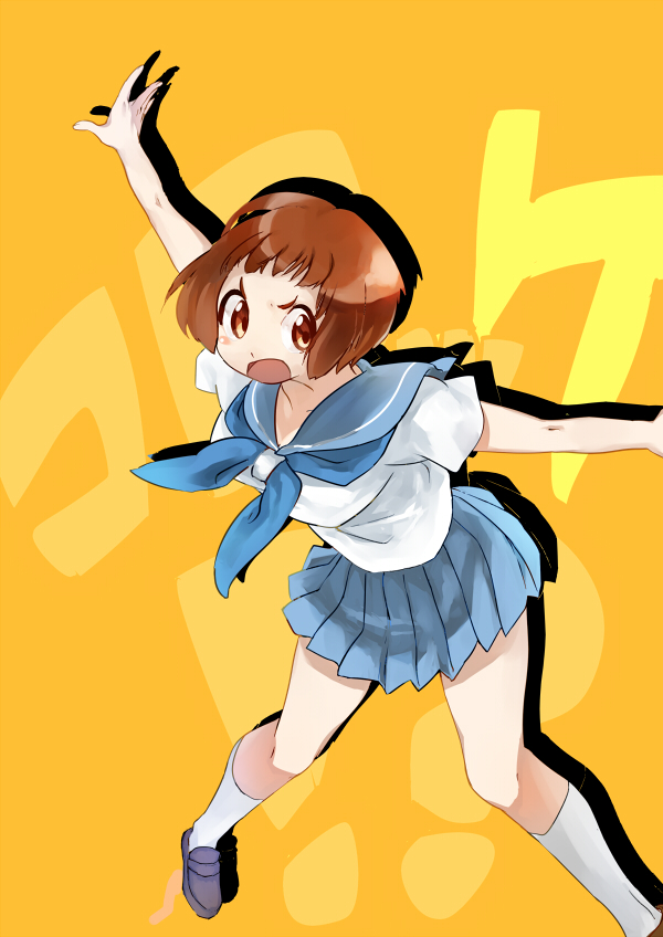 1girl, blue_skirt, bob_cut, brown_eyes, brown_hair, comra, kill_la_kill, mankanshoku_mako